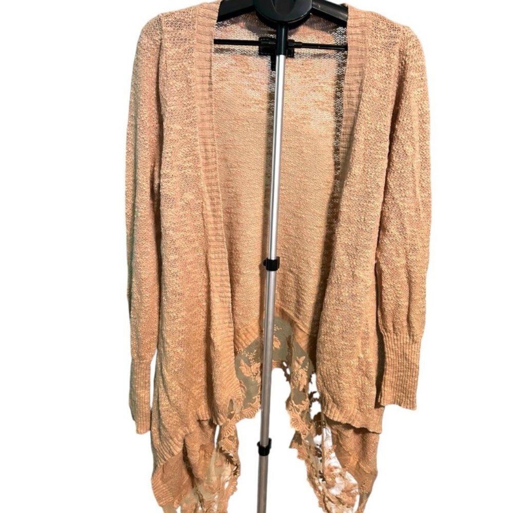 EUC Confess Beige Knit Sweater Duster Cardigan With Lace Trim- Size Large